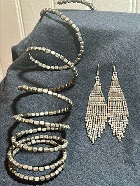 Silver Beaded Coil Bracelet and Fringe Earrings Set